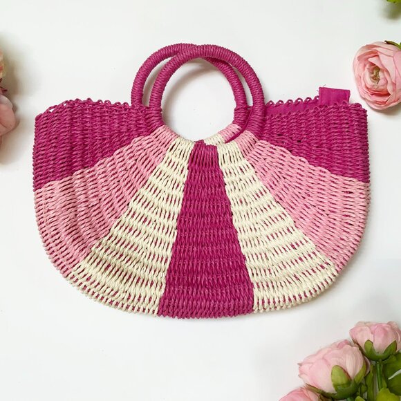Kids Pink Striped Straw Bag, Little Girl Bag - Picture 1 of 5